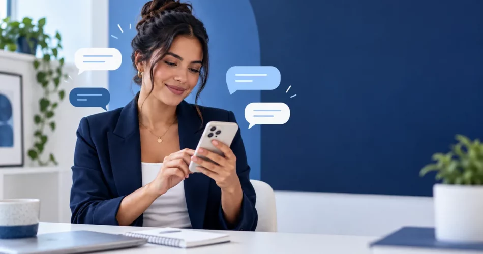 Empreendedora respondendo Directs rapidamente pelo smartphone sem perder o tom humano